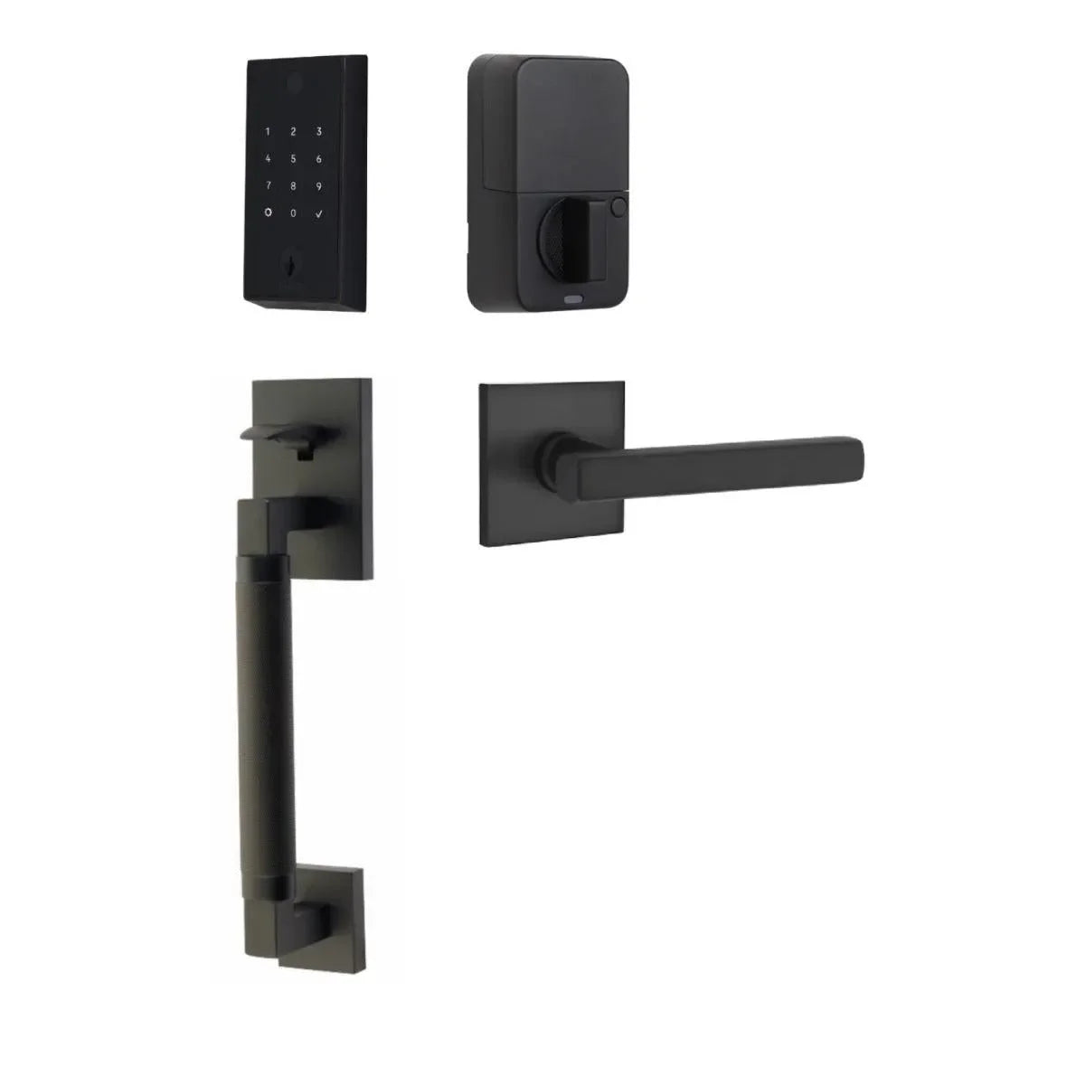 The Emtek EMPowered 2 Touch Entry Set with Hercules Smooth Grip and Interior Freestone Lever in finish.