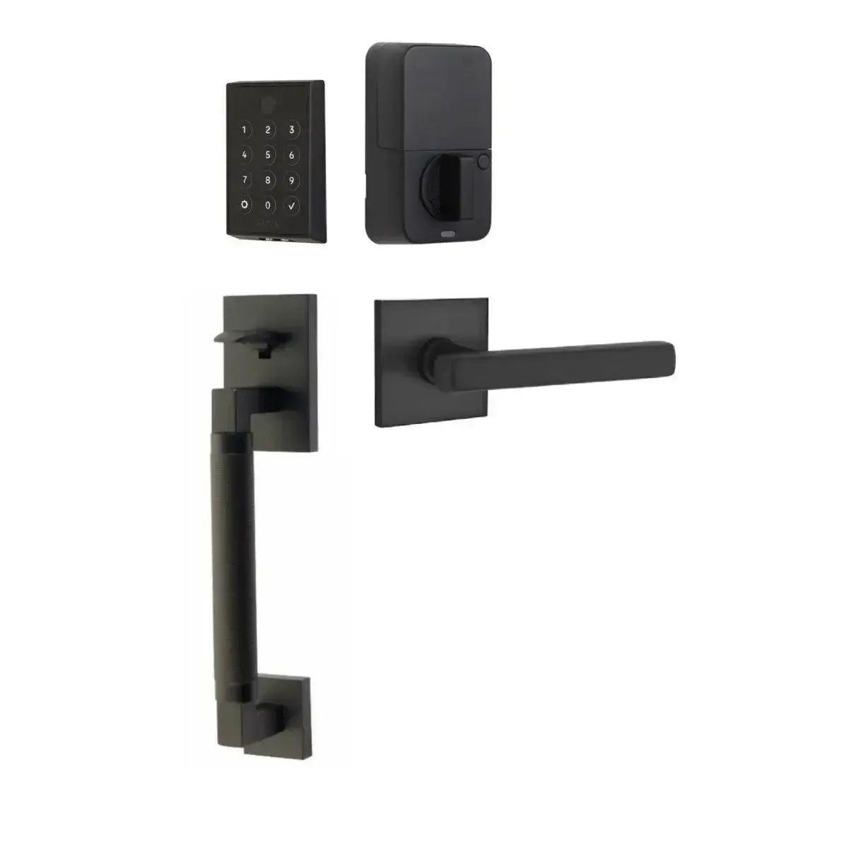 Emtek EMPowered 2 Touch Entry Set with Hercules Smooth Grip and Freestone Lever in Flat Black finish