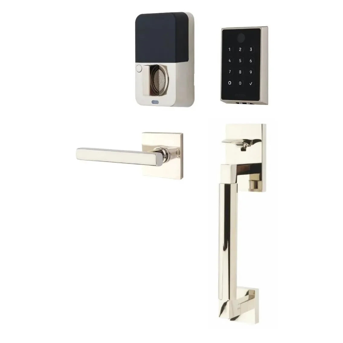 Emtek EMPowered 2 Touch Entry Set with Hercules Smooth Grip and Freestone Lever Lifetime Polished Nickel
