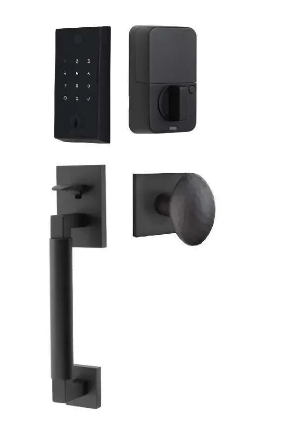 Emtek EMPowered 2 Touch Entry Set with Hercules Smooth Grip and Hammered Egg Knob Flat Black