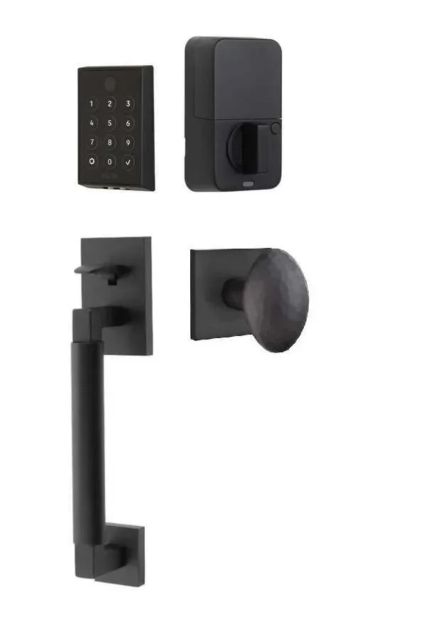 Emtek EMPowered 2 Touch Entry Set with Hercules Smooth Grip and Hammered Egg Knob Flat Black