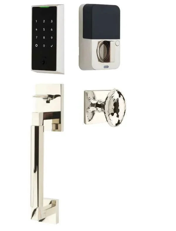 Emtek EMPowered 2 Touch Entry Set with Hercules Smooth Grip and Hammered Egg Knob Lifetime Polished Nickel