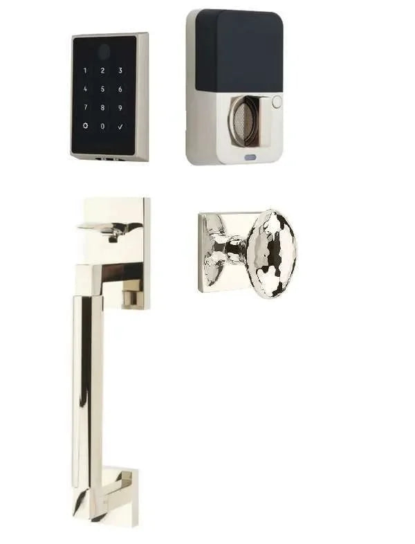 Emtek EMPowered 2 Touch Entry Set with Hercules Smooth Grip and Hammered Egg Knob Lifetime Polished Nickel