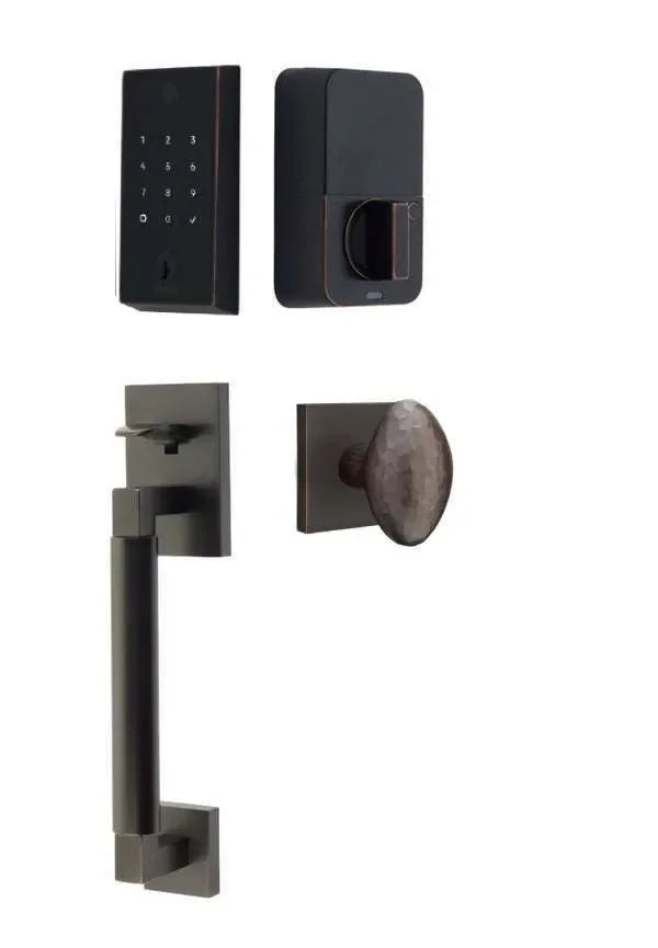 Emtek EMPowered 2 Touch Entry Set with Hercules Smooth Grip and Hammered Egg Knob Oil Rubbed Bronze