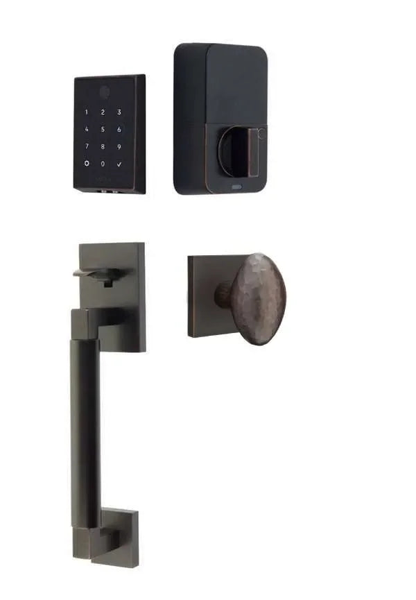 Emtek EMPowered 2 Touch Entry Set with Hercules Smooth Grip and Hammered Egg Knob Oil Rubbed Bronze