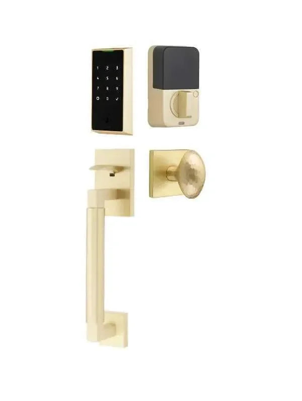 Emtek EMPowered 2 Touch Entry Set with Hercules Smooth Grip and Hammered Egg Knob Satin Brass
