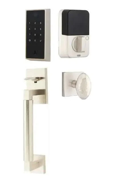 Emtek EMPowered 2 Touch Entry Set with Hercules Smooth Grip and Hammered Egg Knob Satin Nickel