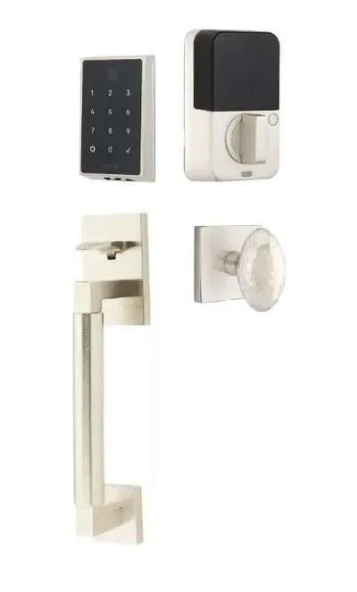 Emtek EMPowered 2 Touch Entry Set with Hercules Smooth Grip and Hammered Egg Knob Satin Nickel
