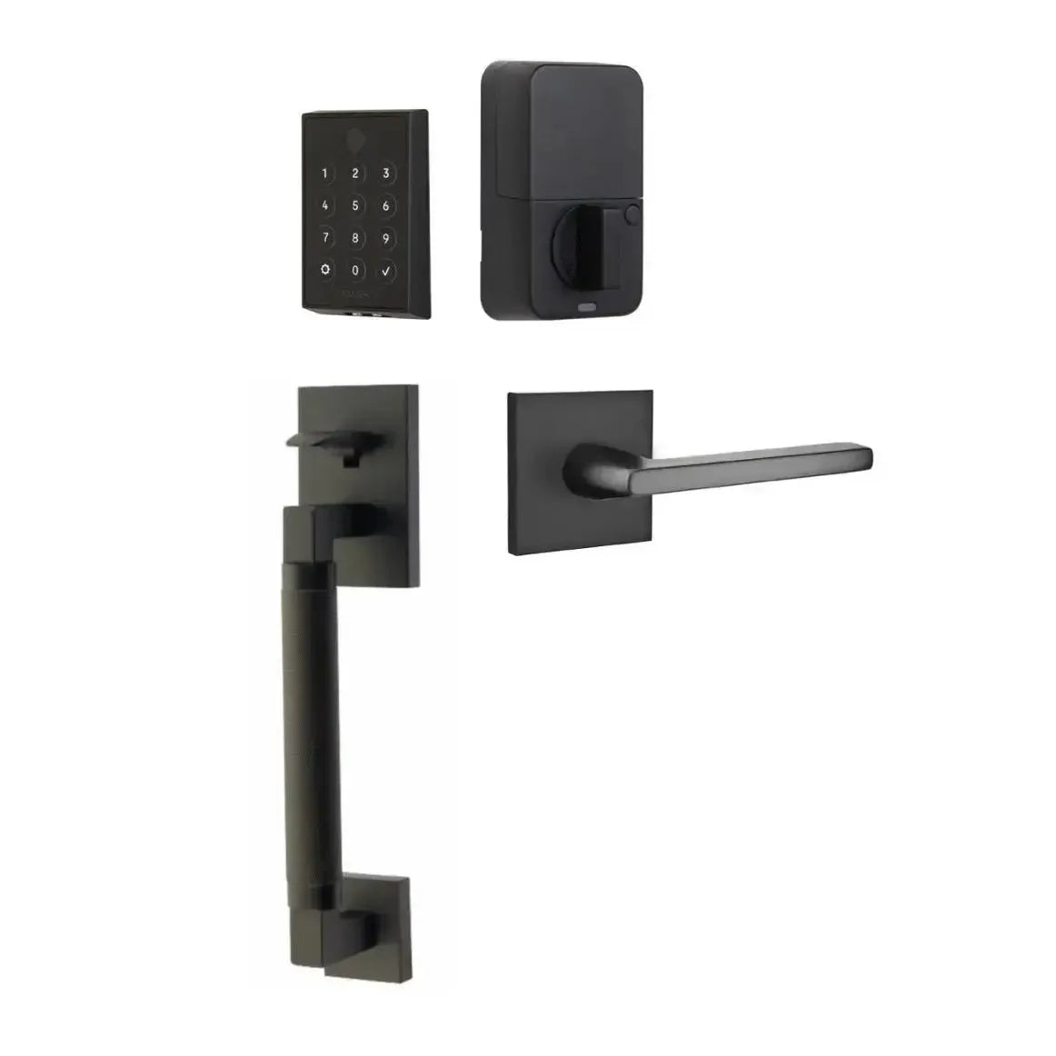 Emtek EMPowered 2 Touch Entry Set with Hercules Smooth Grip and Helios Lever in Flat Black finish