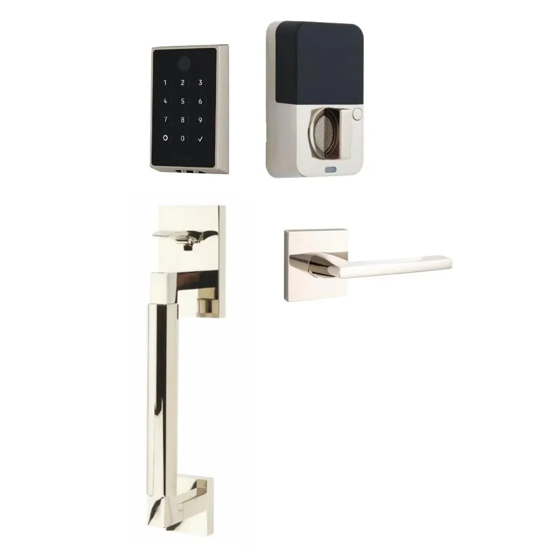Emtek EMPowered 2 Touch Entry Set with Hercules Smooth Grip and Helios Lever Lifetime Polished Nickel