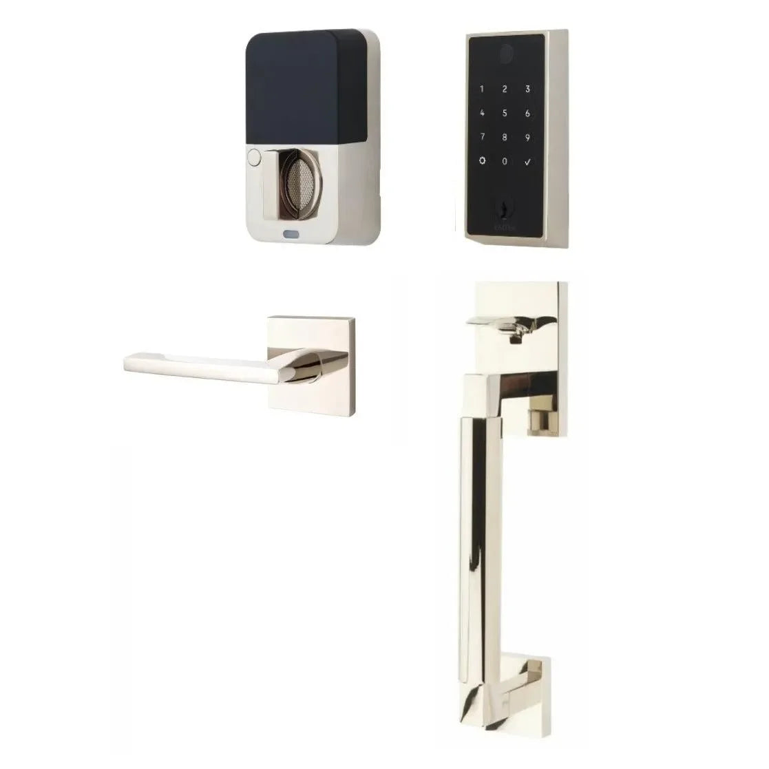 Emtek EMPowered 2 Touch Entry Set with Hercules Smooth Grip and Helios Lever Lifetime Polished Nickel