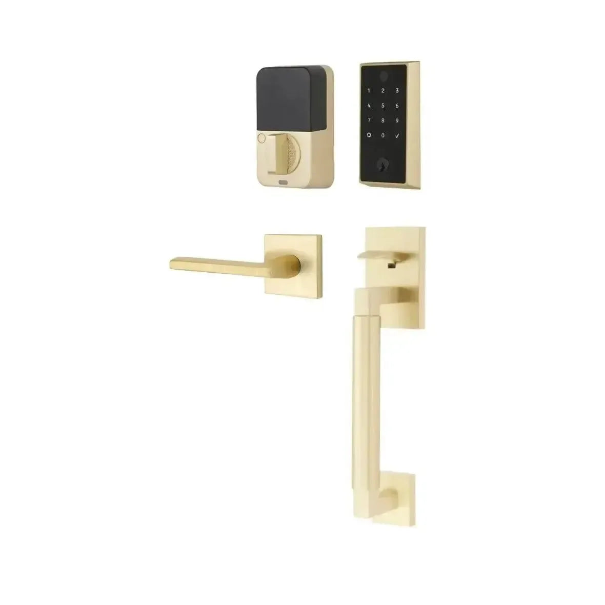 Emtek EMPowered 2 Touch Entry Set with Hercules Smooth Grip and Helios Lever in Satin Brass finish