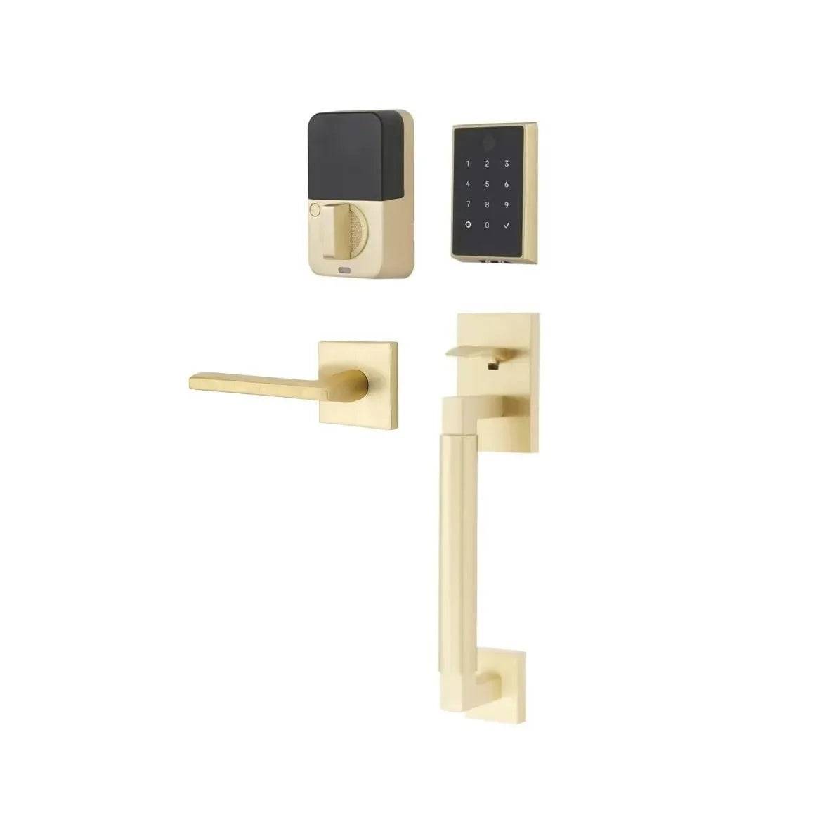 Emtek EMPowered 2 Touch Entry Set with Hercules Smooth Grip and Helios Lever Satin Brass