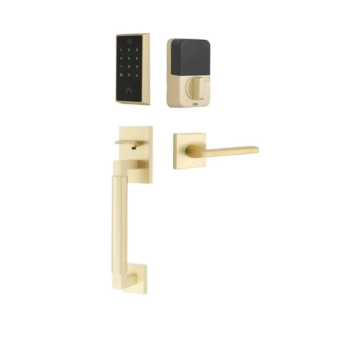 Emtek EMPowered 2 Touch Entry Set with Hercules Smooth Grip and Helios Lever Satin Brass
