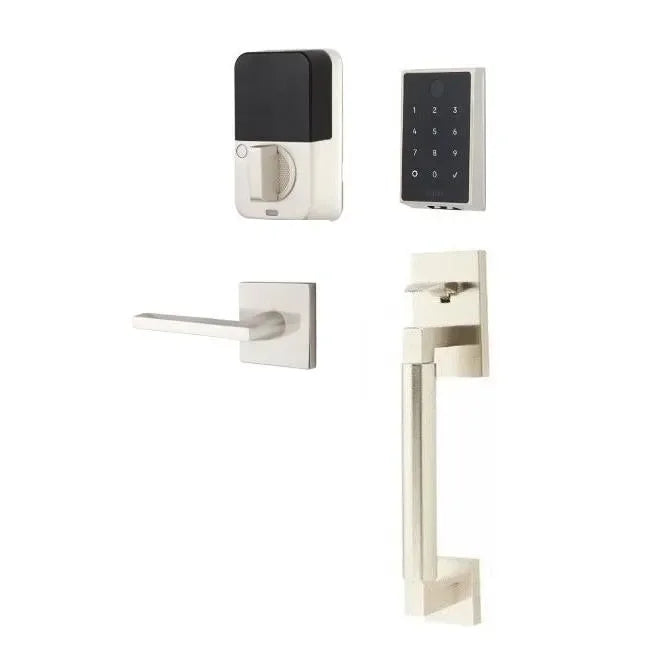 Emtek EMPowered 2 Touch Entry Set with Hercules Smooth Grip and Helios Lever Satin Nickel