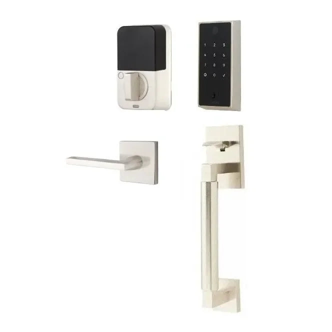 Emtek EMPowered 2 Touch Entry Set with Hercules Smooth Grip and Helios Lever Satin Nickel