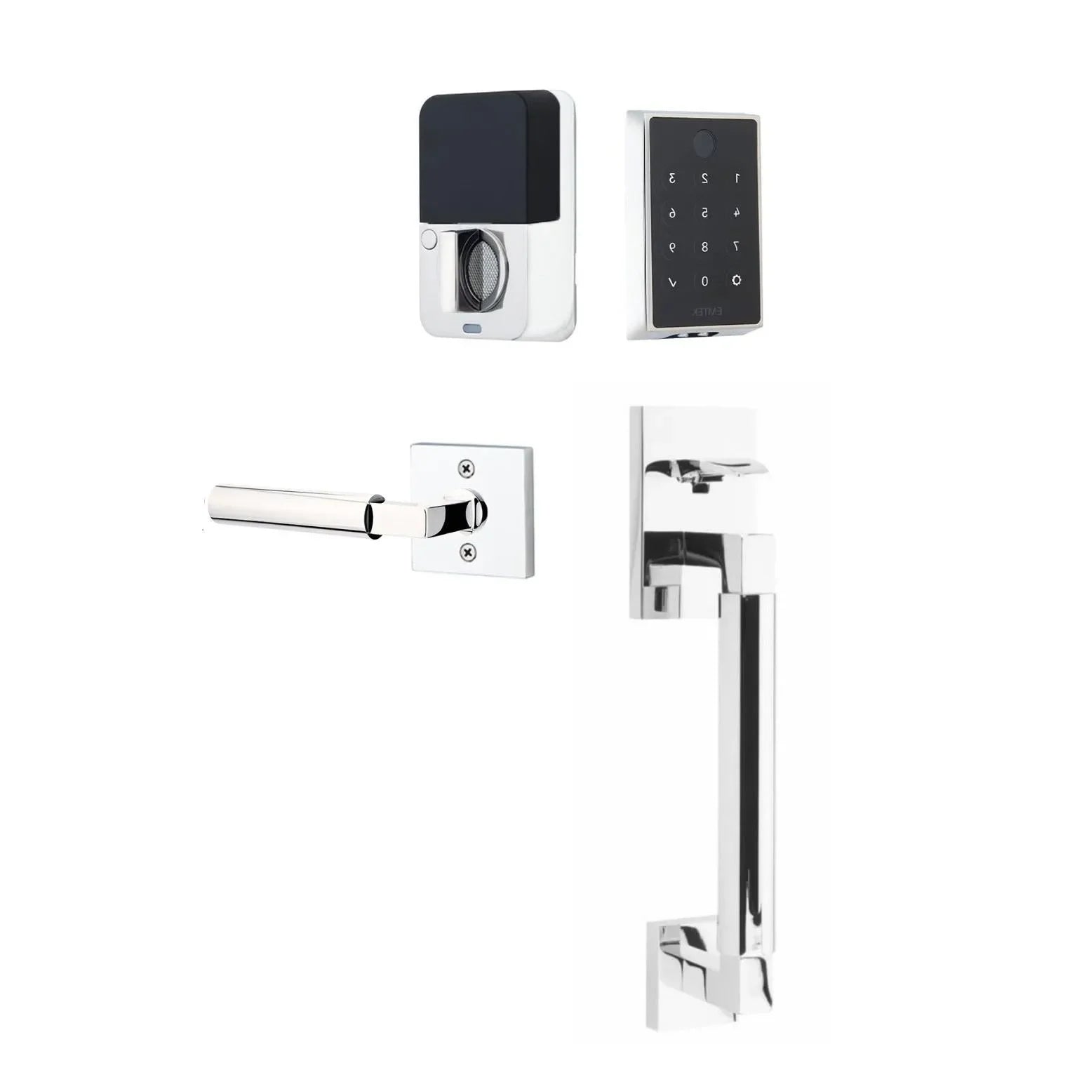 The Emtek EMPowered™ 2 Touch Key Free Entry Set with Hercules Smooth Grip and Interior Hercules Lever in Polished Chrome finish.