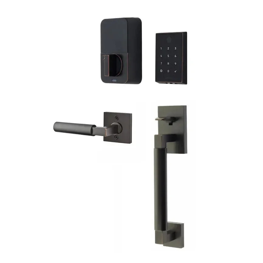 The Emtek EMPowered 2 Touch Key Free Entry Set with Hercules Smooth Grip and Interior Hercules Lever in finish.