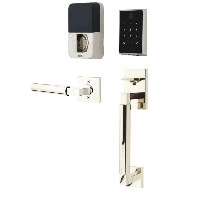 The Emtek EMPowered 2 Touch Key Free Entry Set with Hercules Smooth Grip and Interior Hercules Lever in finish.