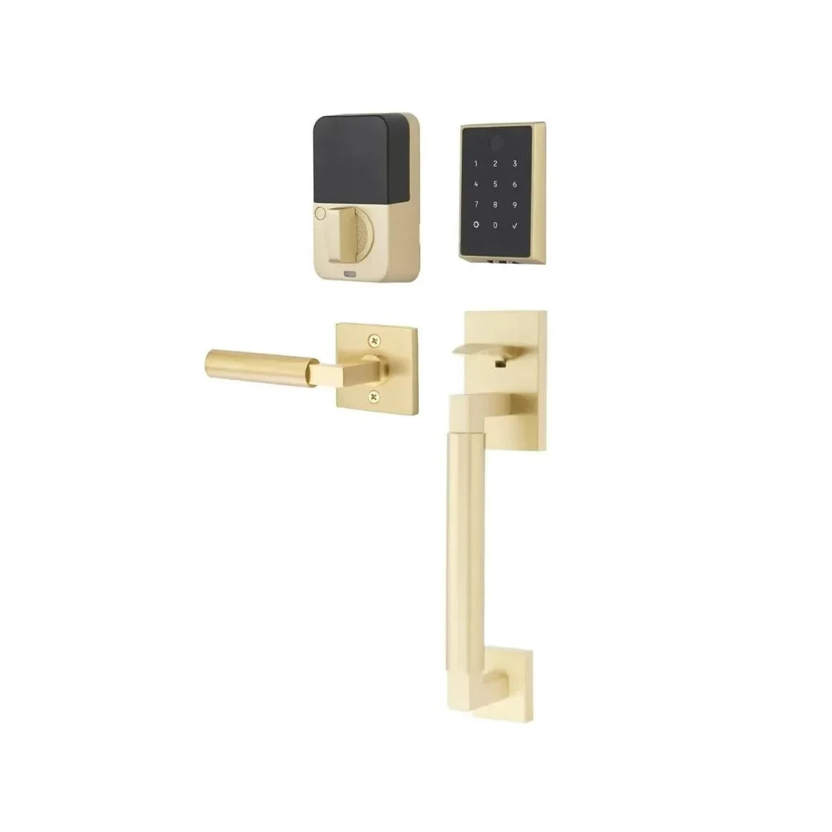 The Emtek EMPowered™ 2 Touch Key Free Entry Set with Hercules Smooth Grip and Interior Hercules Lever in Satin Brass finish.