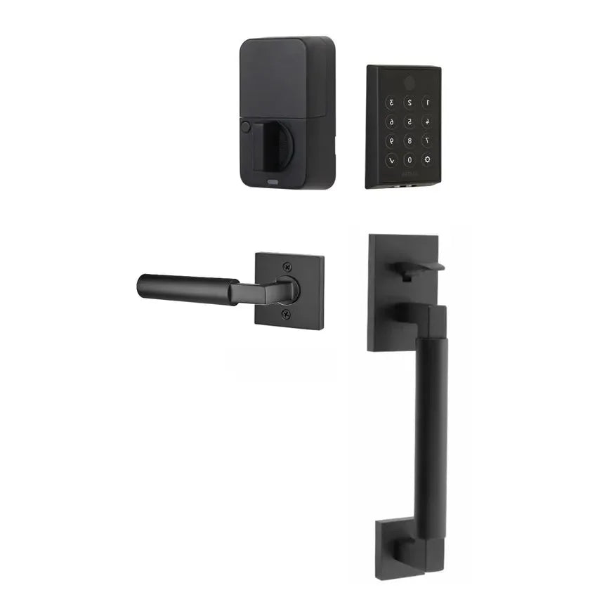 The Emtek EMPowered 2 Touch Key Free Entry Set with Hercules Smooth Grip and Interior Hercules Lever in finish.