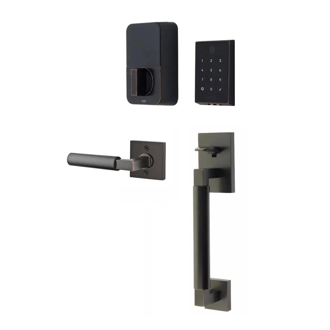 The Emtek EMPowered™ 2 Touch Key Free Entry Set with Hercules Smooth Grip and Interior Hercules Lever in Oil Rubbed Bronze finish.