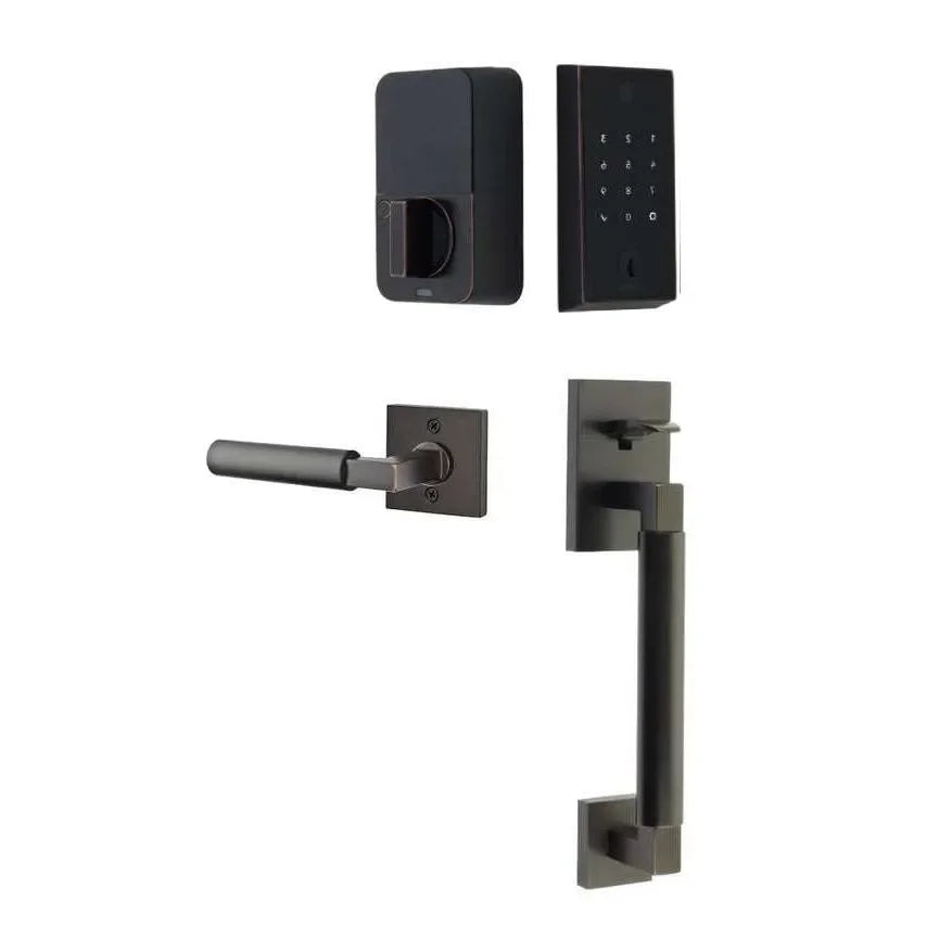 The Emtek EMPowered 2 Touch Key Free Entry Set with Hercules Smooth Grip and Interior Hercules Lever in finish.
