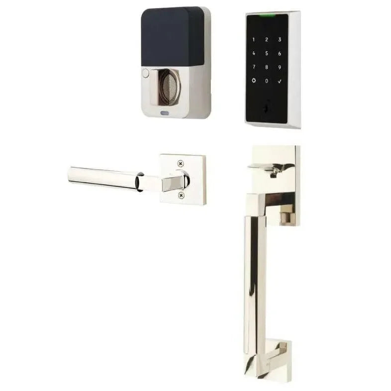 The Emtek EMPowered 2 Touch Key Free Entry Set with Hercules Smooth Grip and Interior Hercules Lever in finish.