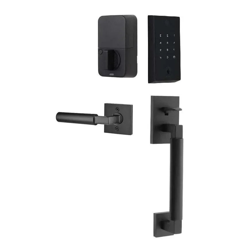 The Emtek EMPowered 2 Touch Key Free Entry Set with Hercules Smooth Grip and Interior Hercules Lever in finish.