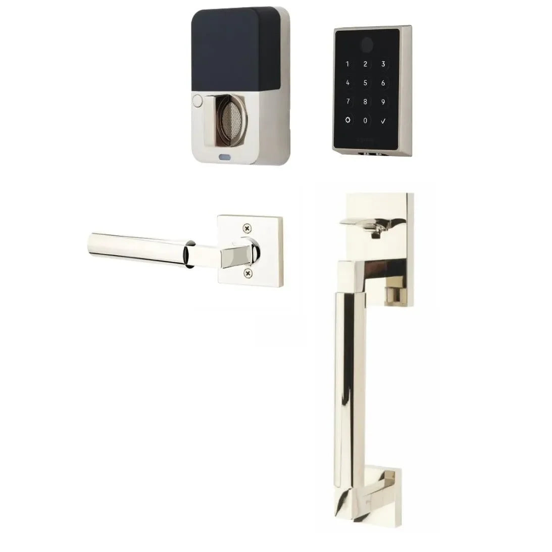 The Emtek EMPowered™ 2 Touch Key Free Entry Set with Hercules Smooth Grip and Interior Hercules Lever in Lifetime Polished Nickel finish.