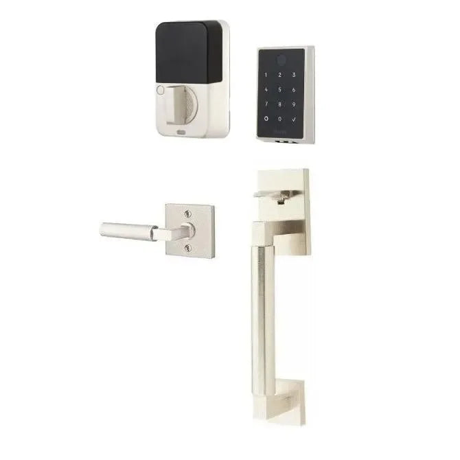 The Emtek EMPowered™ 2 Touch Key Free Entry Set with Hercules Smooth Grip and Interior Hercules Lever in Satin Nickel finish.