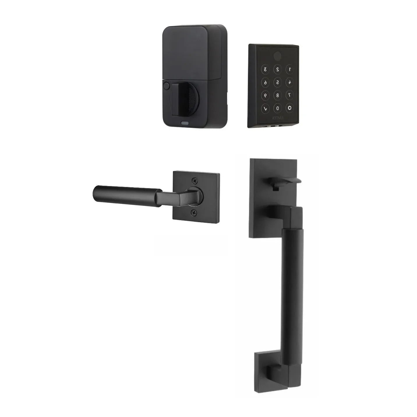 The Emtek EMPowered™ 2 Touch Key Free Entry Set with Hercules Smooth Grip and Interior Hercules Lever in Flat Black finish.