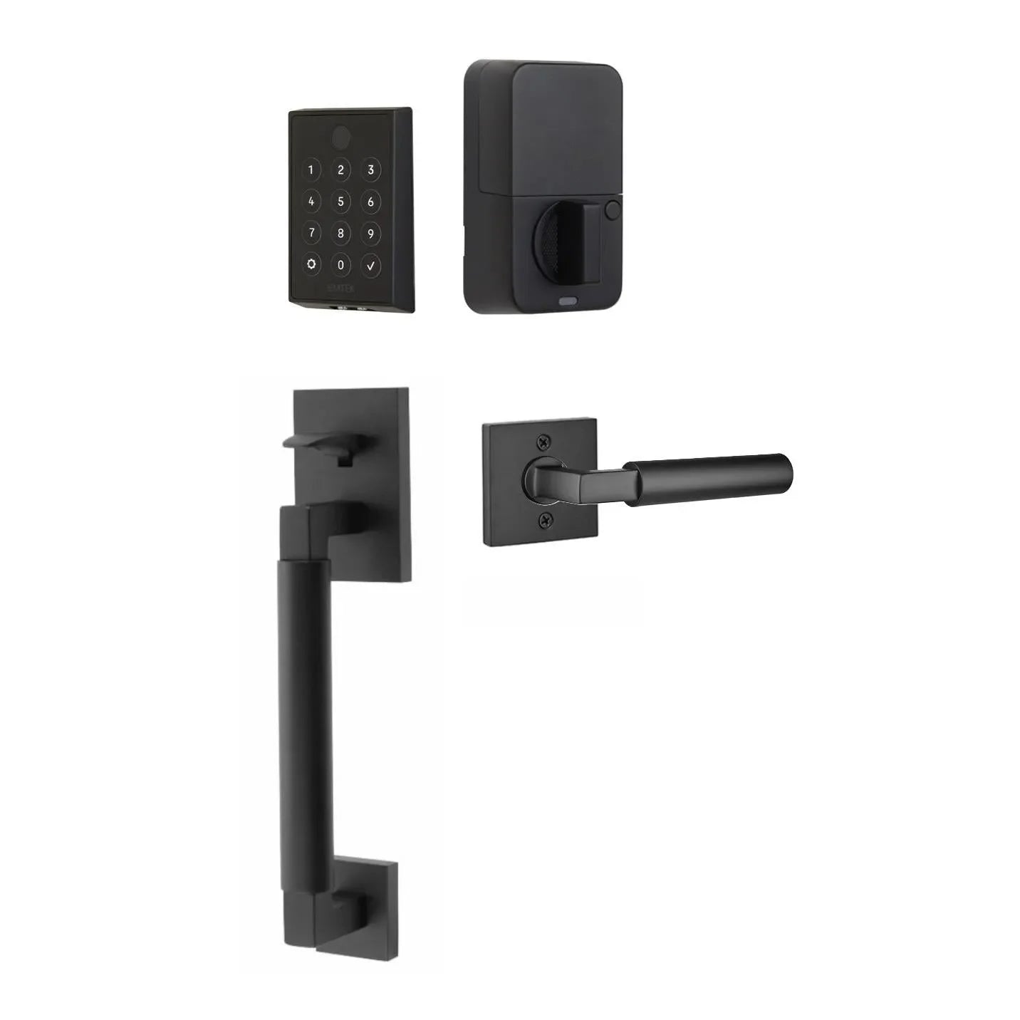 The Emtek EMPowered™ 2 Touch Key Free Entry Set with Hercules Smooth Grip and Interior Hercules Lever in Flat Black finish.