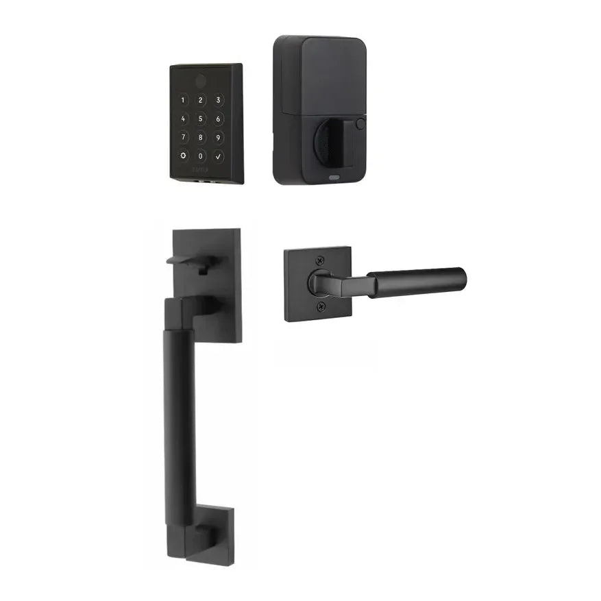 The Emtek EMPowered 2 Touch Key Free Entry Set with Hercules Smooth Grip and Interior Hercules Lever in Flat Black finish.