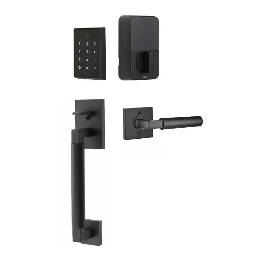 Emtek EMPowered 2 Touch Entry Set with Hercules Smooth Grip and Hercules Lever in Flat Black finish