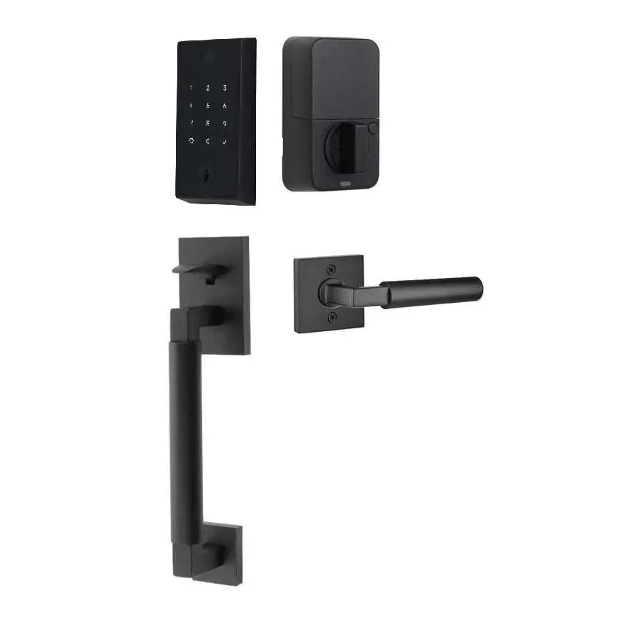 The Emtek EMPowered 2 Touch Key Free Entry Set with Hercules Smooth Grip and Interior Hercules Lever in Flat Black finish.