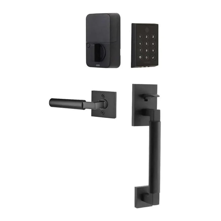 The Emtek EMPowered 2 Touch Key Free Entry Set with Hercules Smooth Grip and Interior Hercules Lever in Flat Black finish.