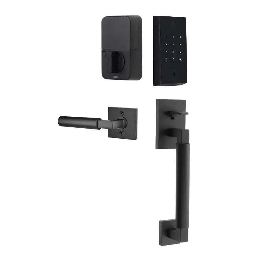 The Emtek EMPowered 2 Touch Key Free Entry Set with Hercules Smooth Grip and Interior Hercules Lever in Flat Black finish.