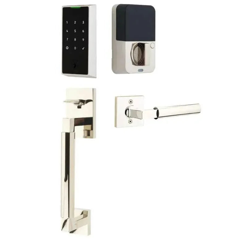 The Emtek EMPowered 2 Touch Key Free Entry Set with Hercules Smooth Grip and Interior Hercules Lever in Lifetime Polished Nickel finish.
