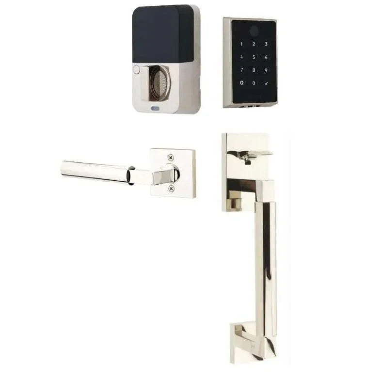 The Emtek EMPowered 2 Touch Key Free Entry Set with Hercules Smooth Grip and Interior Hercules Lever in Lifetime Polished Nickel finish.