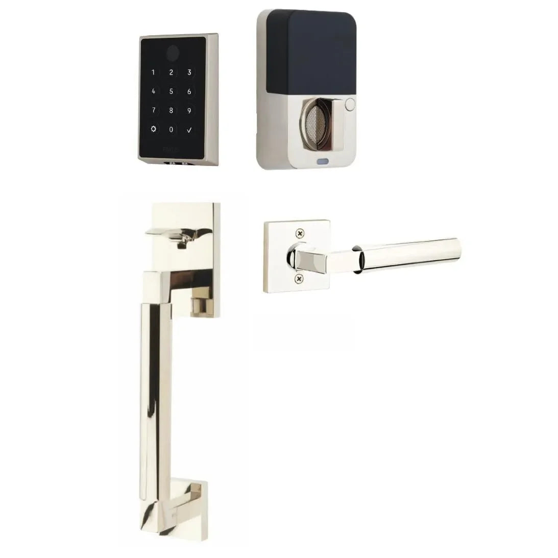 The Emtek EMPowered™ 2 Touch Key Free Entry Set with Hercules Smooth Grip and Interior Hercules Lever in Lifetime Polished Nickel finish.