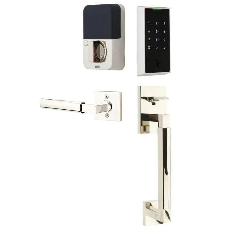 The Emtek EMPowered 2 Touch Key Free Entry Set with Hercules Smooth Grip and Interior Hercules Lever in Lifetime Polished Nickel finish.