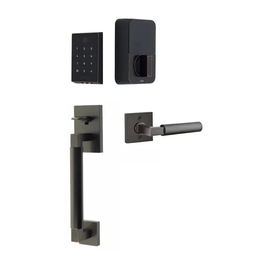 The Emtek EMPowered 2 Touch Key Free Entry Set with Hercules Smooth Grip and Interior Hercules Lever in Oil Rubbed Bronze finish.