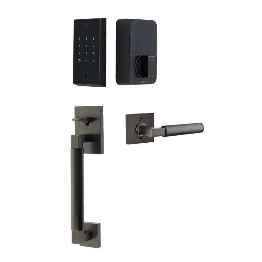 The Emtek EMPowered 2 Touch Key Free Entry Set with Hercules Smooth Grip and Interior Hercules Lever in Oil Rubbed Bronze finish.