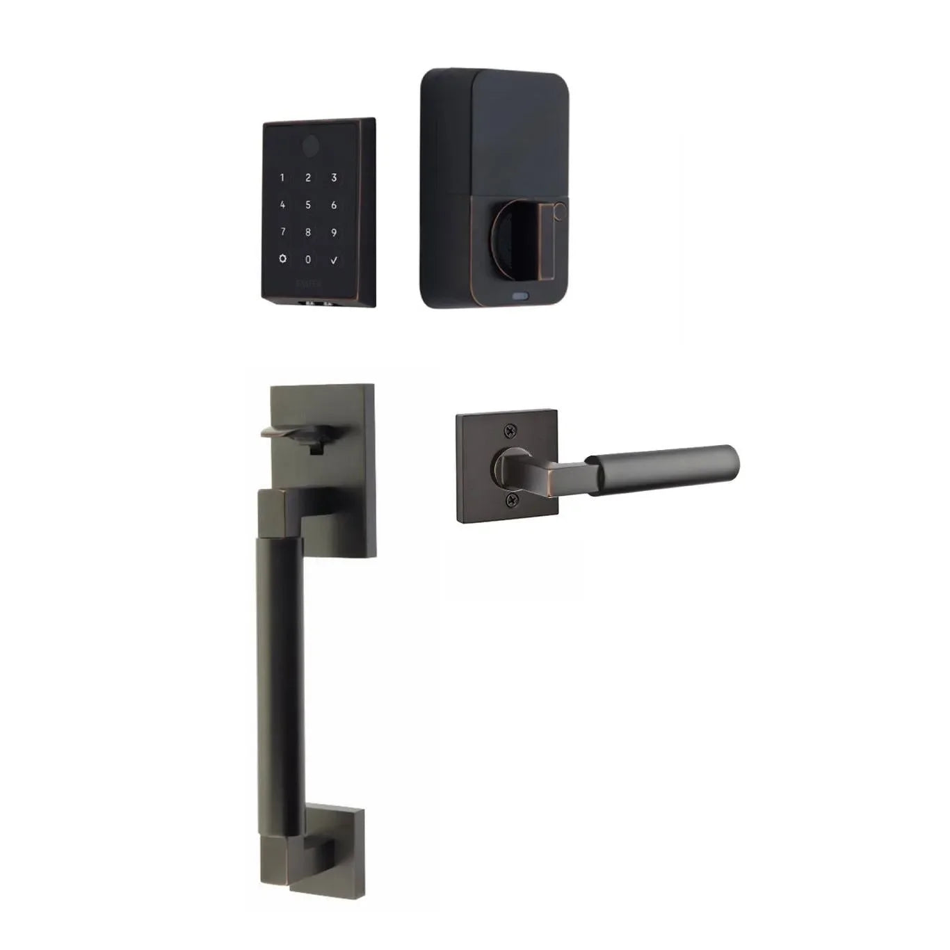 The Emtek EMPowered™ 2 Touch Key Free Entry Set with Hercules Smooth Grip and Interior Hercules Lever in Oil Rubbed Bronze finish.