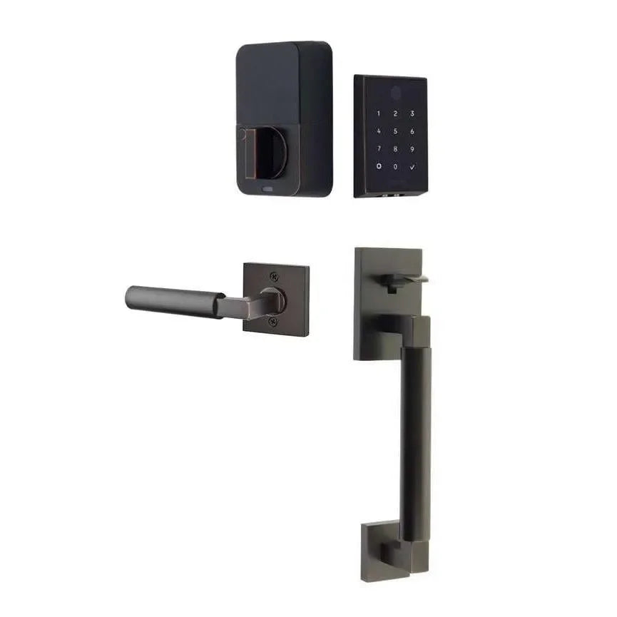 The Emtek EMPowered 2 Touch Key Free Entry Set with Hercules Smooth Grip and Interior Hercules Lever in Oil Rubbed Bronze finish.