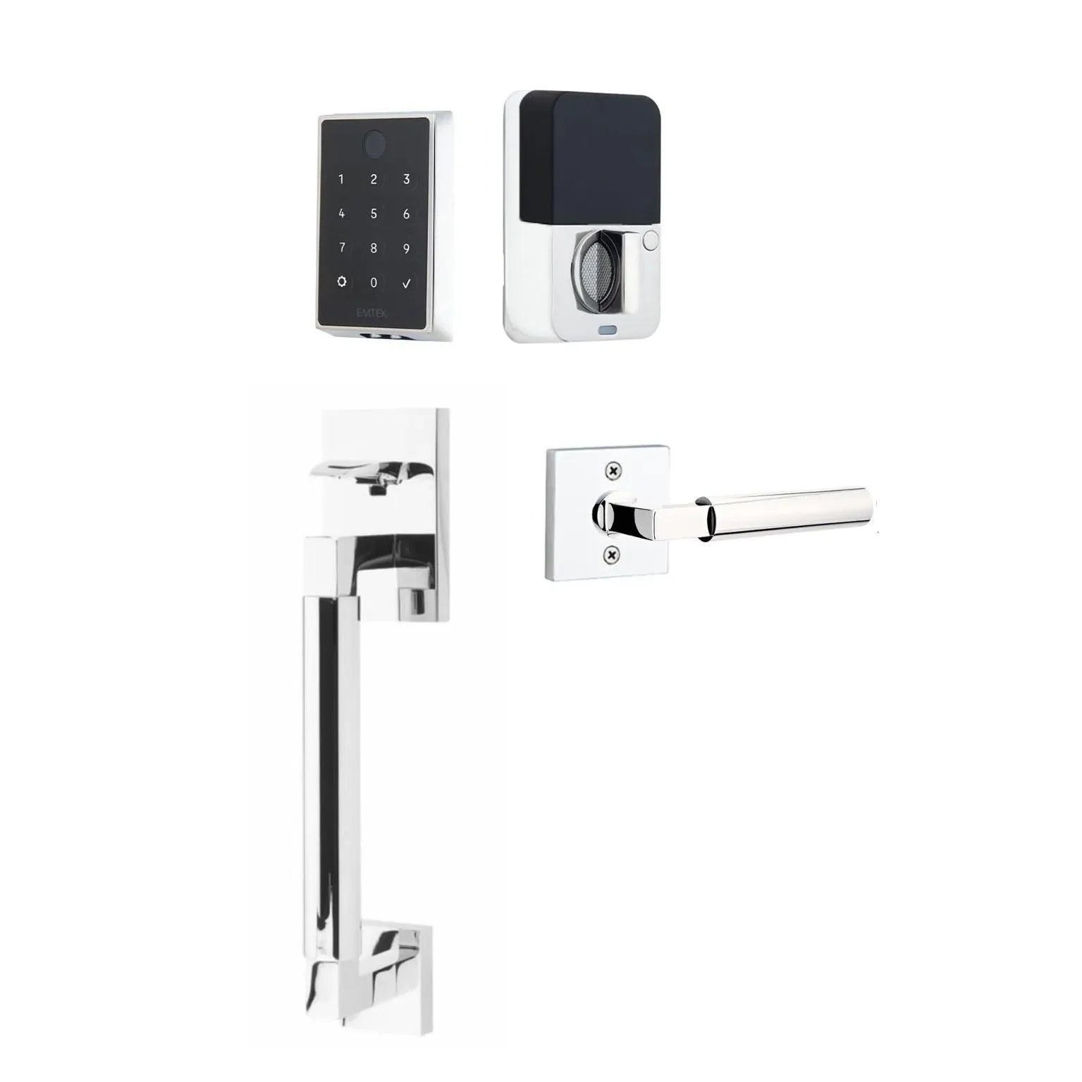 The Emtek EMPowered™ 2 Touch Key Free Entry Set with Hercules Smooth Grip and Interior Hercules Lever in Polished Chrome finish.