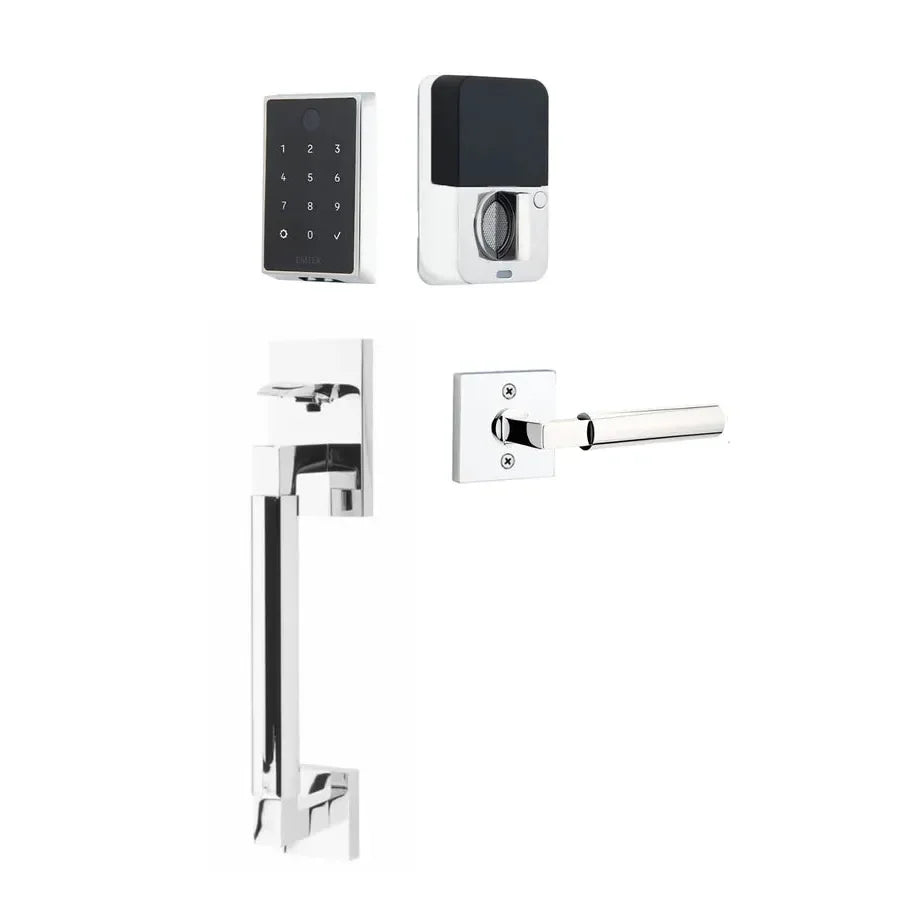 The Emtek EMPowered 2 Touch Key Free Entry Set with Hercules Smooth Grip and Interior Hercules Lever in Polished Chrome finish.