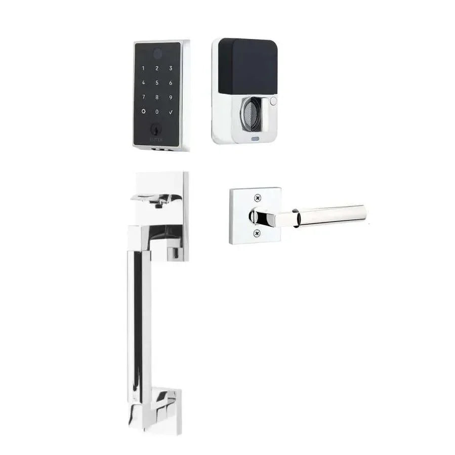 The Emtek EMPowered 2 Touch Key Free Entry Set with Hercules Smooth Grip and Interior Hercules Lever in Polished Chrome finish.