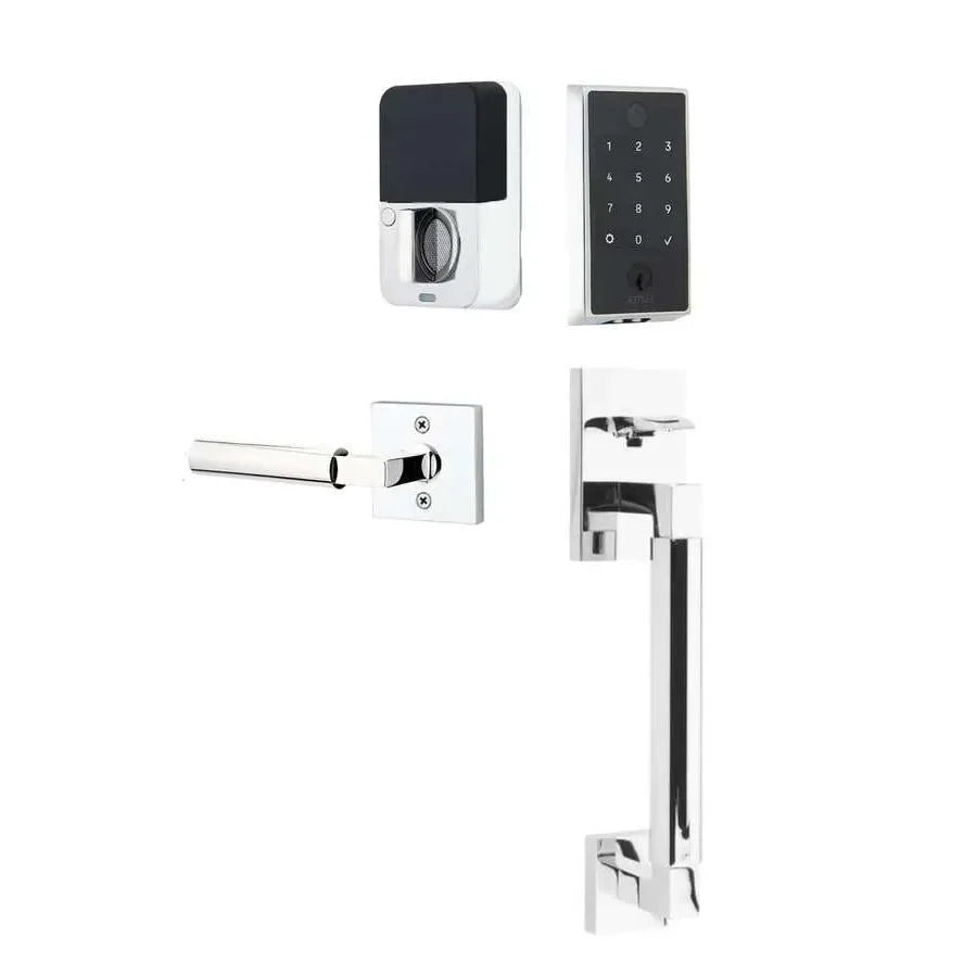 The Emtek EMPowered 2 Touch Key Free Entry Set with Hercules Smooth Grip and Interior Hercules Lever in Polished Chrome finish.